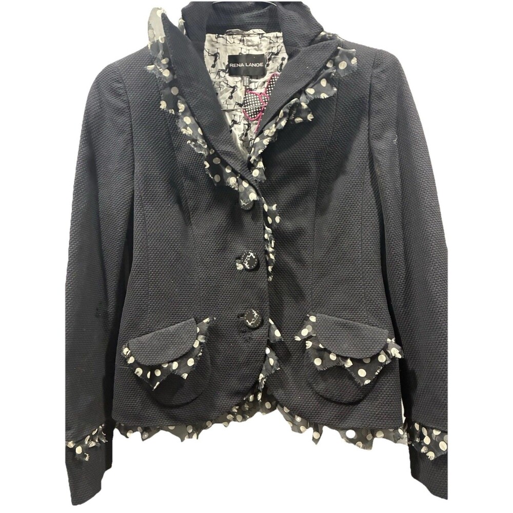 VTG Kitsch Rena Lange Rare Blazer Lined Polka Dot Raw Trim Single Breasted S